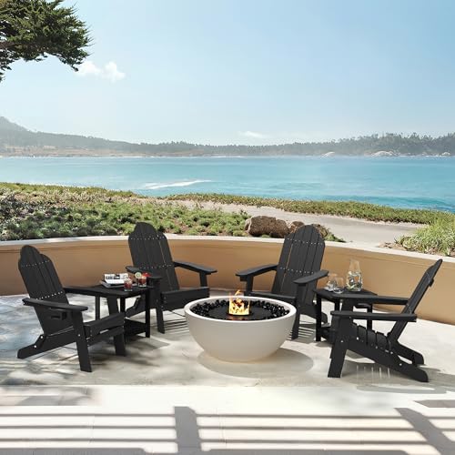 LUE BONA Folding Adirondack Chair Set of 4, Black HDPS Fire Pit Patio Chairs Weather Resistant, Modern Plastic Outdoor Chairs with Cup Holder