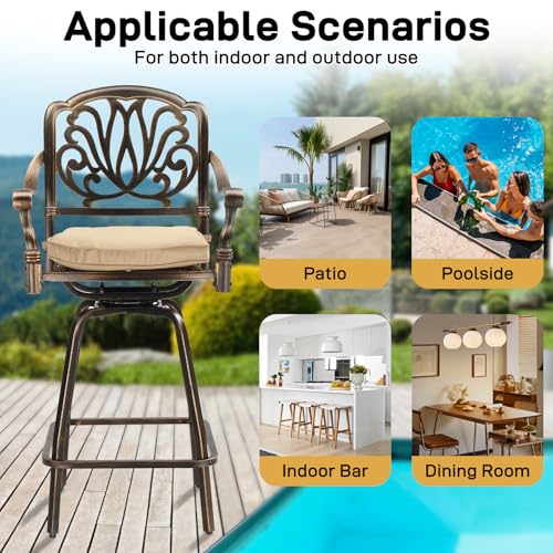 VINGLI Outdoor Swivel Bar Stools Set of 2, Cast Aluminum Patio Bar Height Chairs, All-Weather Bar Dining Chairs Outdoor Swivel Patio Furniture (Elizabethan Back)