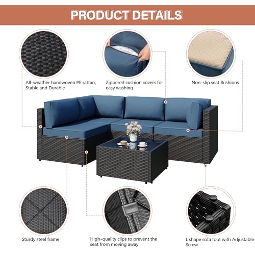 JAMFLY Patio Furniture Sets, 5-Piece Outdoor Patio Furniture with Thick Cushions, Wicker Outdoor Conversation Set Sectional Sofa for Backyard, Poolside, Garden, Aegean Blue