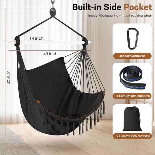 Hammock Chair Hanging Chair Heavy Duty 500 Lbs, Hanging Hammock Chair with Steel Spreader Bar & Adjustable Straps, Indoor Outdoor Hammock Swing for Bedroom Patio Porch Balcony Backyard Camping -Black