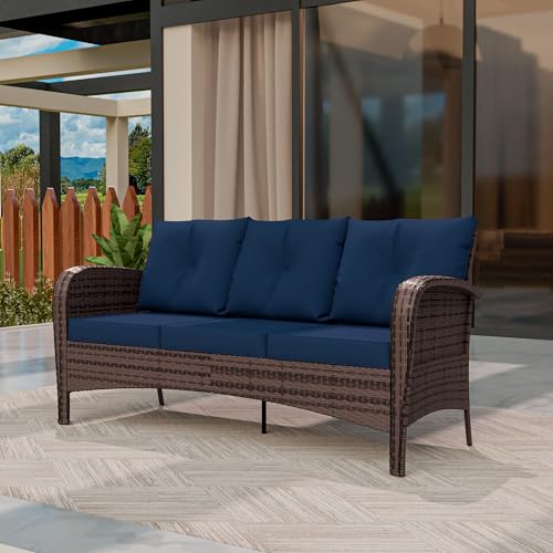 Qsoer Patio 3-Seater Sofa, PE Wicker Outdoor Lounge with Thick Removable Cushions, Rust-Proof Steel Frame, 900LBS Capacity, Blue