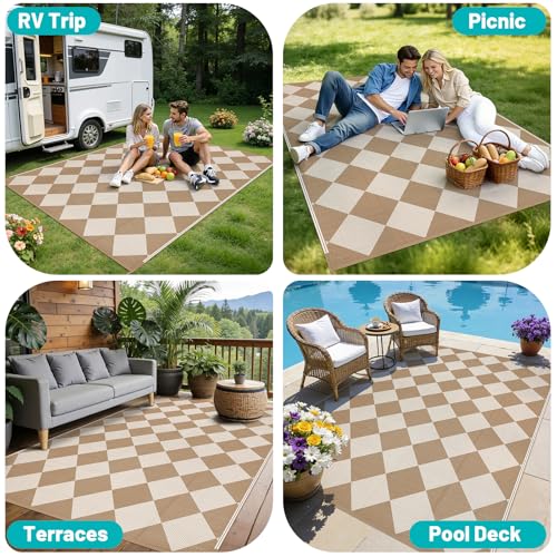HEBE Outdoor Rug Waterproof 6x9, Checkered Plastic Straw Rug RV Camping Rug, Reversible Outdoor Patio Mat Clearance, Outside Carpet for Porch,Deck,Camper,Balcony