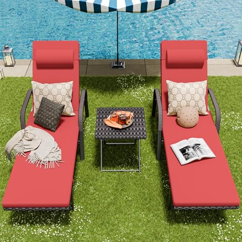 ASJMR Patio Chaise Lounge Set 3 Pieces Outdoor Lounge Chair with Rattan Adjustable Backrest Armrest and Folding Table for Beach Patio,Sand, for Poolside Backyard Porch