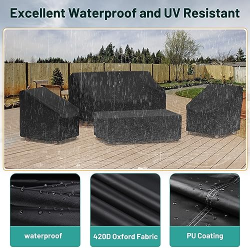 Mrrihand Patio Furniture Covers, 4 Piece Outdoor Furniture Cover Waterproof includ Ourdoor Sofa Cover, 2 Chair Covers, Coffee Table Cover with Windproof Buckle Strap and Adjustable Drawstring-Black