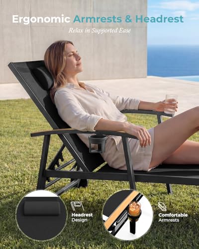 Ciokea Outdoor Lounge Chair with Pillow, 5-Position Aluminum Chaise Lounge with Wheels & Armrests, 400 lbs Heavy Duty Patio Pool Chair for Deck, Backyard, Beach & Poolside, Black
