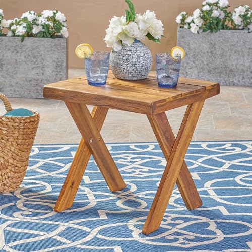 Christopher Knight Home Outdoor Swivel Rocking Chair Set of 2 with Cushion & Cross Base Side Table, Acacia Wood Patio Swivel Rocker Chair Set 360 Degree Porch Chairs for Backyard Balcony, Natural/Teak