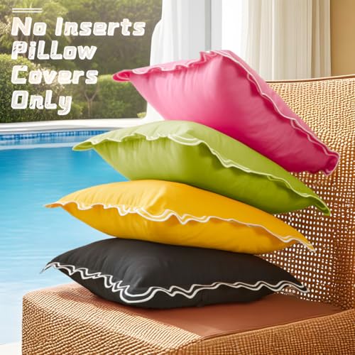 JOJOGOGO Black and White Scalloped Outdoor Lumbar Pillow Covers 12x20 Waterproof & Sunproof Set of 2, Black Outdoor Pillows Embroidered Decorative Throw Pillows for Couch Porch and Patio Furniture