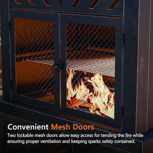 Outdoor Fireplace with Chimney and Wood Storage, Metal Wood Burning Fire Pit with Heat Resistant Gloves, Fire Poker and Grill Mesh, Outside Fireplace for Patio, Garden and Deck, Black