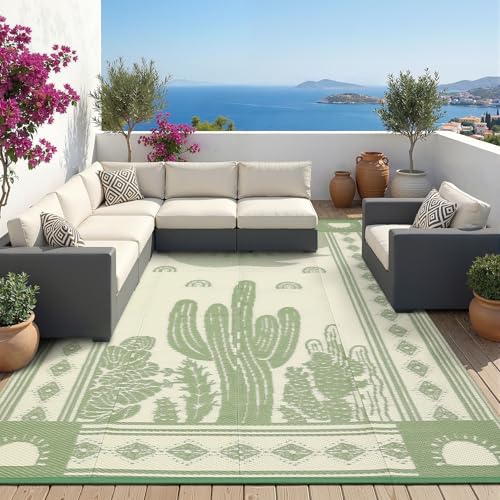Garvee Reversible Cactus Outdoor Rug 8x10 for Patio, Waterproof Outdoor Area Rug, Modern Desert Botanical Indoor Outdoor Rugs, Plastic Straw Rug for RV, Camping, Deck, Sage Green & Beige
