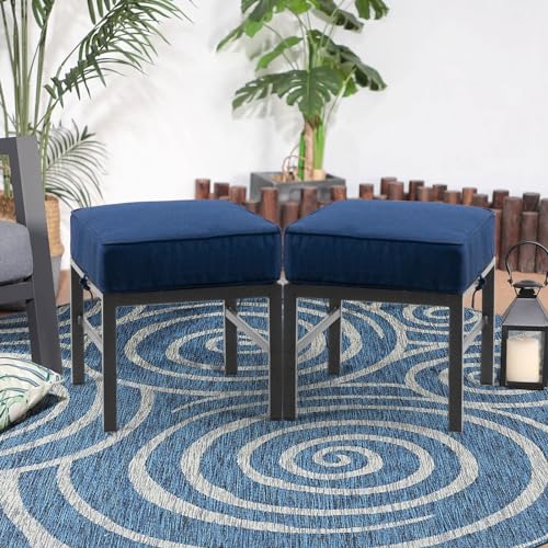 Auzfy 2 Pieces Outdoor Ottomans for Patio, Assembled Patio Ottomans with Bule Cushions, Metal Small Outdoor Footrest for Patio Porch Yard Garden Deck, Gray Frame