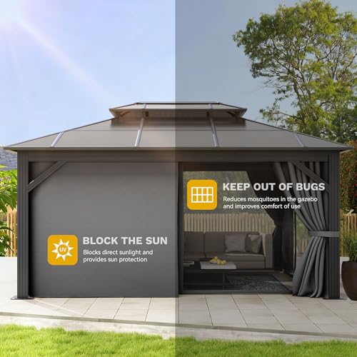 DWVO 10x12ft Gazebo Hardtop Double Roof Polycarbonate Canopy Outdoor with Netting and Shaded Curtains, Metal Frame Garden Tent for Patio, Backyard, Deck and Lawns, Gray