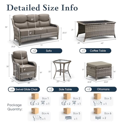 Belord Luxury 6" Thick Cushioned 11 Pieces Patio Furniture Set with Outdoor Couch, Wicker Outdoor Conversation Set with High Back Swivel Rocker Chairs for Deck Porch Yard and Poolside - Grey+Grey