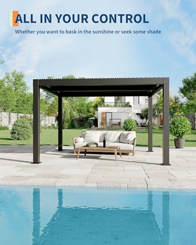 Garveelife All-Aluminum Louvered Pergola 10 ft x 12 ft, Outdoor Pergola with Adjustable Louvered Roof, Reinforced Aluminum Frame, Integrated Drainage System, Hardtop Gazebo for Patio, Deck, Gray
