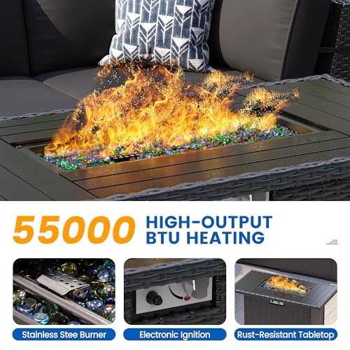 VONZOY 8 Piece Patio Furniture Set with 44” Fire Pit Table All-Weather Wicker Conversation Sectional Sofa & Coffee Table with Thickened Cushions for Backyard, Garden(Black)