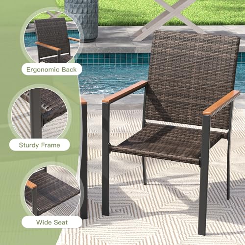 ARKOST Round Patio Dining Set for 10, 63" Round Metal Table with Umbrella Hole and Stackable Wicker Patio Chairs, Outdoor Furniture Set for Deck Backyard Garden, Walnut Chairs, Walnut Table