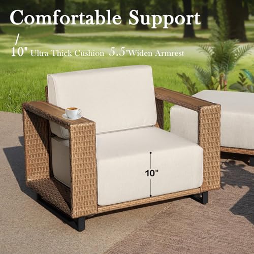 XTWEEX 6 Pieces Outdoor Patio Furniture Set, Rocker Chairs and Sofa with 10 inch Thick Cushions and Steel Frame and Wooden Board, PE Rattan Weaving Outdoor Conversation Set Brown/Light Gray Linen
