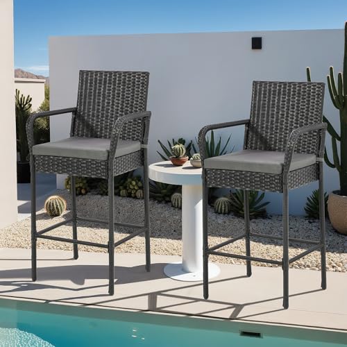 ECOTOUGE Patio Wicker Barstools Set of 4, Rattan Outdoor Bar Height Chairs with Armrest, Soft Cushion, Footrests, All-Weather Furniture for Backyard, Pool, Garden, Black