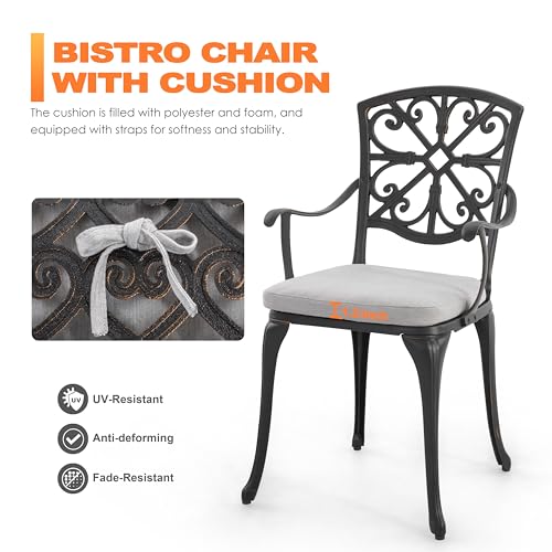 NUU GARDEN Bistro Set 3 Piece Outdoor All Weather Cast Aluminum Patio Bistro Set Patio Table and Chairs Set of 2 with Umbrella Hole and Grey Cushions for Backyard, Balcony, Lawn, Black