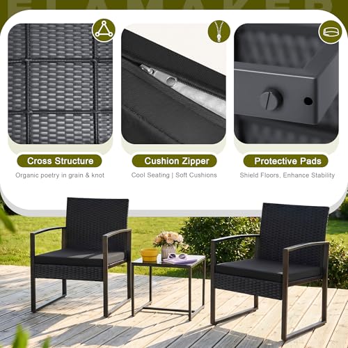Flamaker 3 Pieces Outdoor Patio Wicker Furniture Set, Modern Rattan Chair Conversation Sets with Coffee Table for Yard and Bistro (Black)