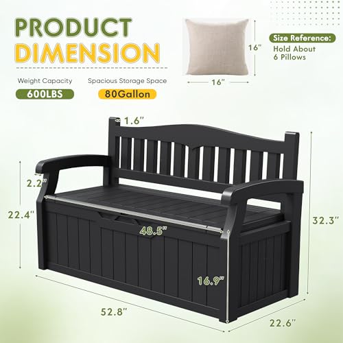 Greesum 80 Gallon Deck Box Storage Bench, Patio Furniture, Lockable, Waterproof and UV Resistant,with Armrest, Suitable for Garden, Porch, Poolside, Dark Black