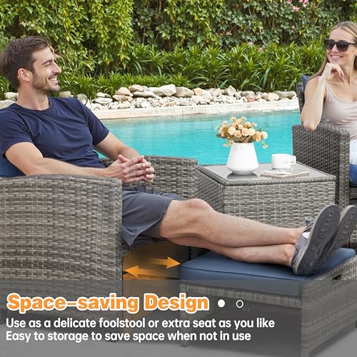 Shintenchi 5 Pieces Patio Furniture Set, Outdoor Wicker Patio Conversation Set with Ottoman, All Weather Rattan Outside Chairs with Coffee Table & Cushion for Porch, Garden, Backyard, Navy