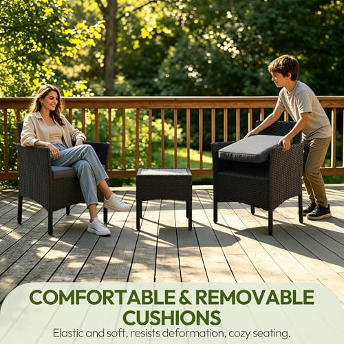 Yaheetech 3 Pieces Patio Conversation Set, Outdoor Rattan Bistro Furniture, 2 Chairs with Cushions & 1 Side Table for Bistro/Porch/Garden/Deck/Courtyard, Black/Khaki