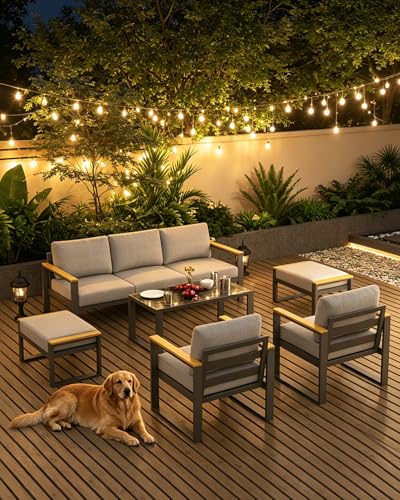 IDEALHOUSE Aluminum Patio Furniture Set, 7 Seats Outdoor Patio Conversation Sets with Coffee Table, 6 Pieces Metal Conversation Sectional Furniture Sofa for Balcony, Garden, Deck, Backyard,Gray