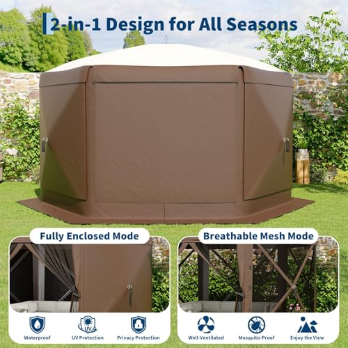 GarveeLife 11.5x11.5FT 6-Sided Pop Up Gazebo Tent，One-Push Setup Canopy Tent with Mesh Panels & Removable Wind Cloths, Outdoor shelter for Camping, Backyard Parties, Outdoor Events - Beige & Khaki