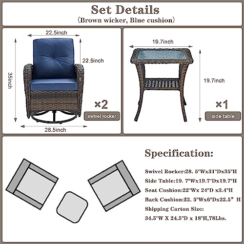 Belord Patio Wicker Chairs Swivel Rocker - Outdoor Swivel Rocking Chairs Set of 2 with Rattan Side Table, Patio Swivel Glider Chair 3 Piece Patio Furniture Sets for Deck Porch Pool Brown/Blue