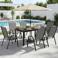 PATIOPIA 7-Piece Outdoor Dining Set, All Weather Patio Table and Chairs Set with Umbrella Hole for 6, Rectangular Steel Slat Table and 6 Textilene Chairs for Garden, Backyard, Poolside and Deck, Grey