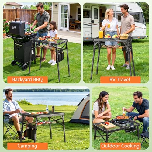 Folding Grill Table for Outside, 3 Height Adjustable Small Camping Table with Mesh Bag, Metal Aluminum Folding Table, 23.62 x 15.75 inches, Portable Grill Stand for Picnic, Camping, BBQ, Beach, Black