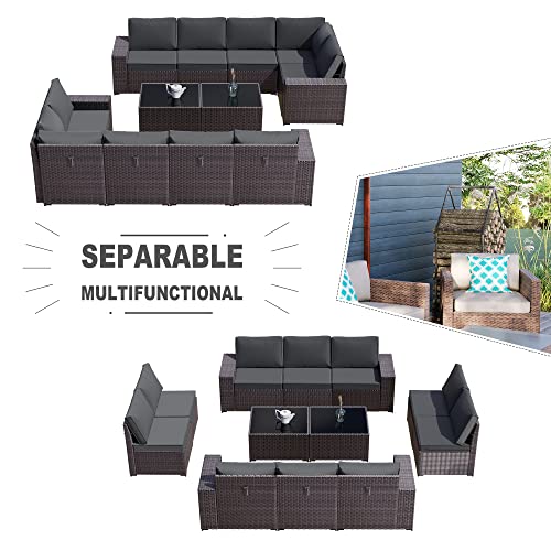 Kullavik Outdoor Patio Furniture Set,12 Pieces Sectional Rattan Sofa Set Brown PE Rattan Wicker Patio Conversation Set with 10 Seat Cushions and 2 Tempered Glass Coffee Table,Grey