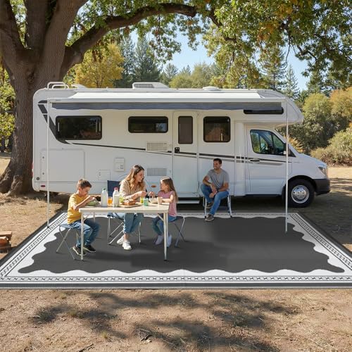 Garvee Outdoor Rug 5x8 Scalloped Waterproof Patio RV Outdoor Rugs Reversible Foldable Plastic Straw Rug Modern Camping Carpet for Deck Camper Porch Balcony Backyard Picnic Beach Grey