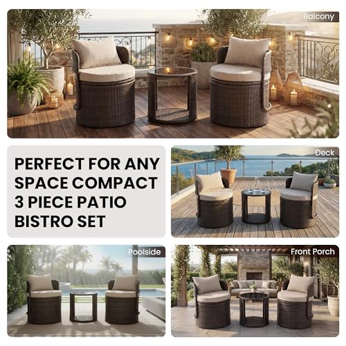 DAYAOUTDOOR 3 Piece Outdoor Patio Bistro Set with Storage, Wicker Conversation Chair Set with Glass Table, Modern Balcony Furniture for Garden, Porch, Backyard, Brown