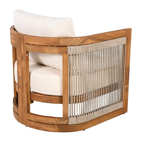 Christopher Knight Home Dora Set of 2 Patio Club Chair with Cushions, Acacia Wood Lounge Chair Outdoor, Woven Accents, Curved Design Side Chair for Balcony Backyard Garden Poolside, Beige + Teak
