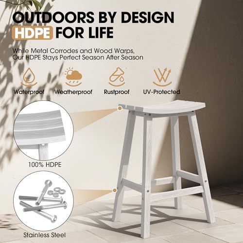 Ciokea 2 Set 29" Outdoor Bar Stools Heavy Duty HDPE Outdoor Stools Waterproof Weatherproof Patio Seats Modern Bar Height Tall BarStools for Bar Deck Balcony Kitchen Yard, White
