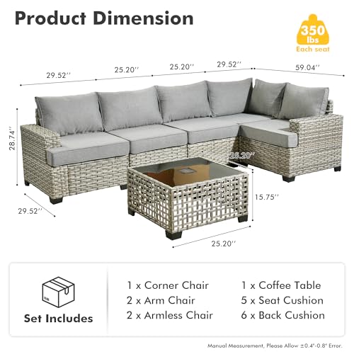 HOOOWOOO Outdoor Sectional Patio Furniture Set,6 Pieces Wicker Conversation Sets L Shaped Couch,Extra Deep Out Door Sofa Outside Furniture,Charcoal Grey