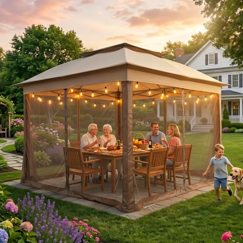 COOS BAY 11x11 Pop Up Gazebo with Mesh Netting, Instant Outdoor Canopy Tent, Water Resistant Shelter with UPF 50+ UV Protection, 121 Sq Ft Coverage, Beige