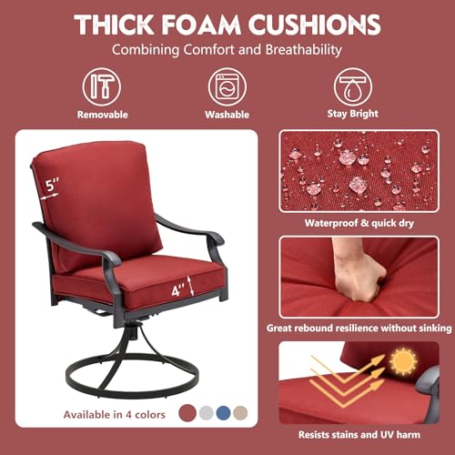 MELLCOM Patio Swivel Chair Set of 2, Heavy Duty Outdoor Dining Chairs with Thickened Cushions, Metal Patio Chairs Gentle Rocker for Outside, Garden Lawn & Porch, Backyard, Red