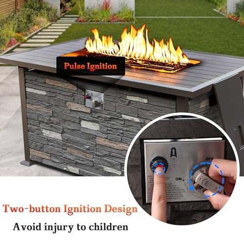 NOBLEMOOD 48 INCH Propane Fire Pit Outdoor Fire Table w/Faux Ledgestone Base, 50,000 BTU Gas Fire Pit Table w/Metal Table Top, Dustproof Cover for Outdoor, Patio, Garden, CSA Certification