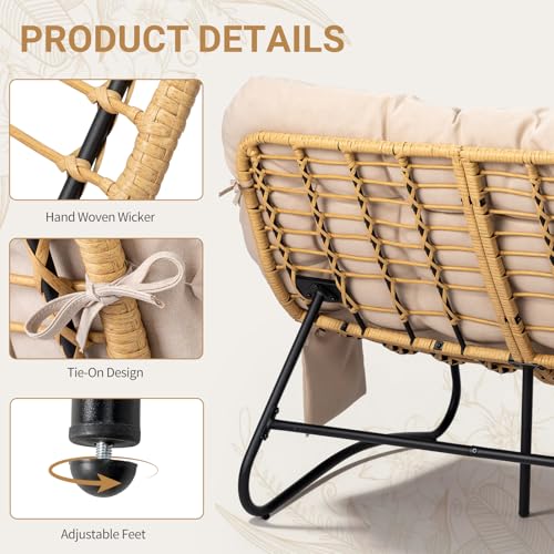 Outvita Outdoor Patio Loveseat, All Weather Double Papasan Chair with Side Storage Pocket, 6’’ Thick Cushion, 4 Adjustable Support Feet, 2 Seat PE Rattan Couch for Backyard Patio Garden Balcony(Beige)