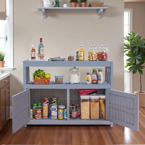 Devoko Acacia Wood Patio Cabinet with 2 Magnetic Doors and Shelve for Outdoor Storage, TV Stand, Potting Table (Gray)