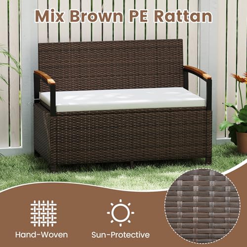 RELAX4LIFE Wicker Outdoor Storage Bench - Rattan Deck Box w/Protective Liner for Patio Furniture Pillows, Pool Supplies & Garden Tools, Porch Loveseat with Seat Cushion, Acacia Wood Armrests