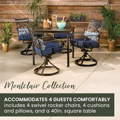 Hanover Montclair 5-Piece Outdoor Dining Set with Stamped Steel Square Dining Table and 4 Swivel Rocker Chairs with Cushions, Weather-Resistant Patio Dining Set for 4, Patio, Backyard, Deck