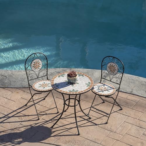 Alpine Corporation Indoor/Outdoor 3-Piece Mosaic Bistro Set Folding Table and Chairs Patio Seating, Tan