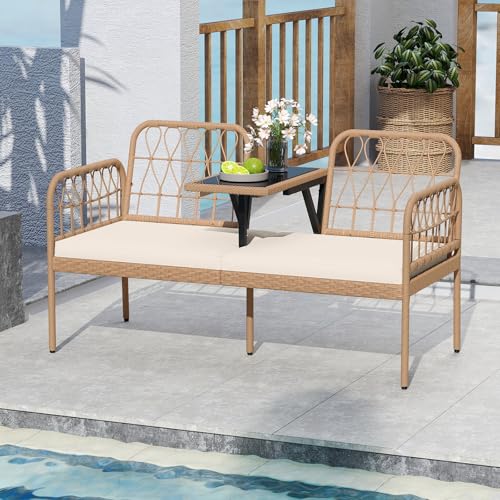 Tangkula Outdoor Loveseat with Built-in Coffee Table, Patio Wicker Conversation Sofa for 2 with Padded Cushion, for Lawn, Garden and Backyard (Off White)