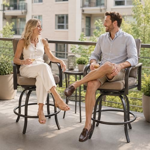 Kozyard Isabella Outdoor Swivel Bar Chairs Set of 2, Counter Height Patio Bar Stools with Cushioned Seats, Weather-Resistant Metal Bistro Chairs for Backyard Dining Beige