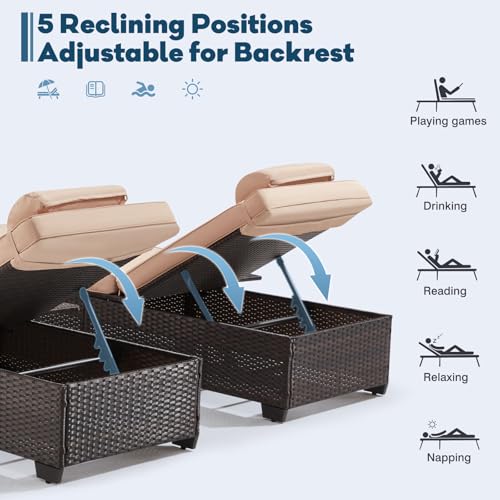 Yalissey Outdoor Lounge Chairs, Pool Lounge Chairs Set of 2, Outdoor Chaise Lounge with Adjustable Backrest & Cup Holder,Khaki Cushion