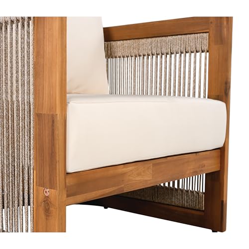 Christopher Knight Home Dora Set of 2 Patio Club Chair with Cushions, Acacia Wood Lounge Chair Outdoor, Woven Accents, Curved Design Side Chair for Balcony Backyard Garden Poolside, Beige + Teak