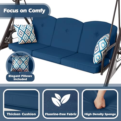 ZZW 800LBS Patio Swing with Canopy 3 Seat Outdoor Porch Swing with Stand w/Cup Holder & Pillow Glider Chair Swing Bed for Patio Backyard Poolside (Blue)